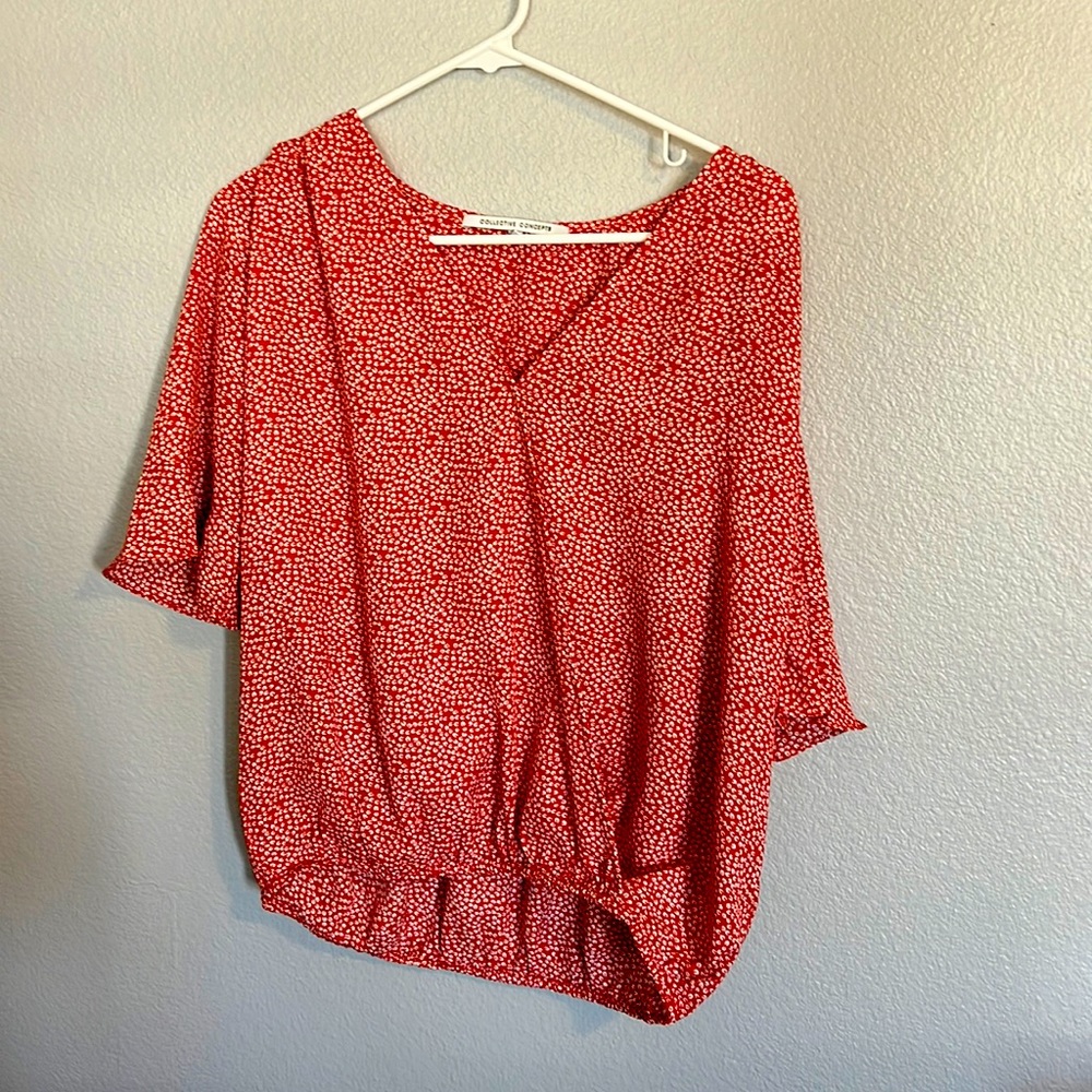 Fall blouse from vici , snap top wrap top . Elastic hem light weight .